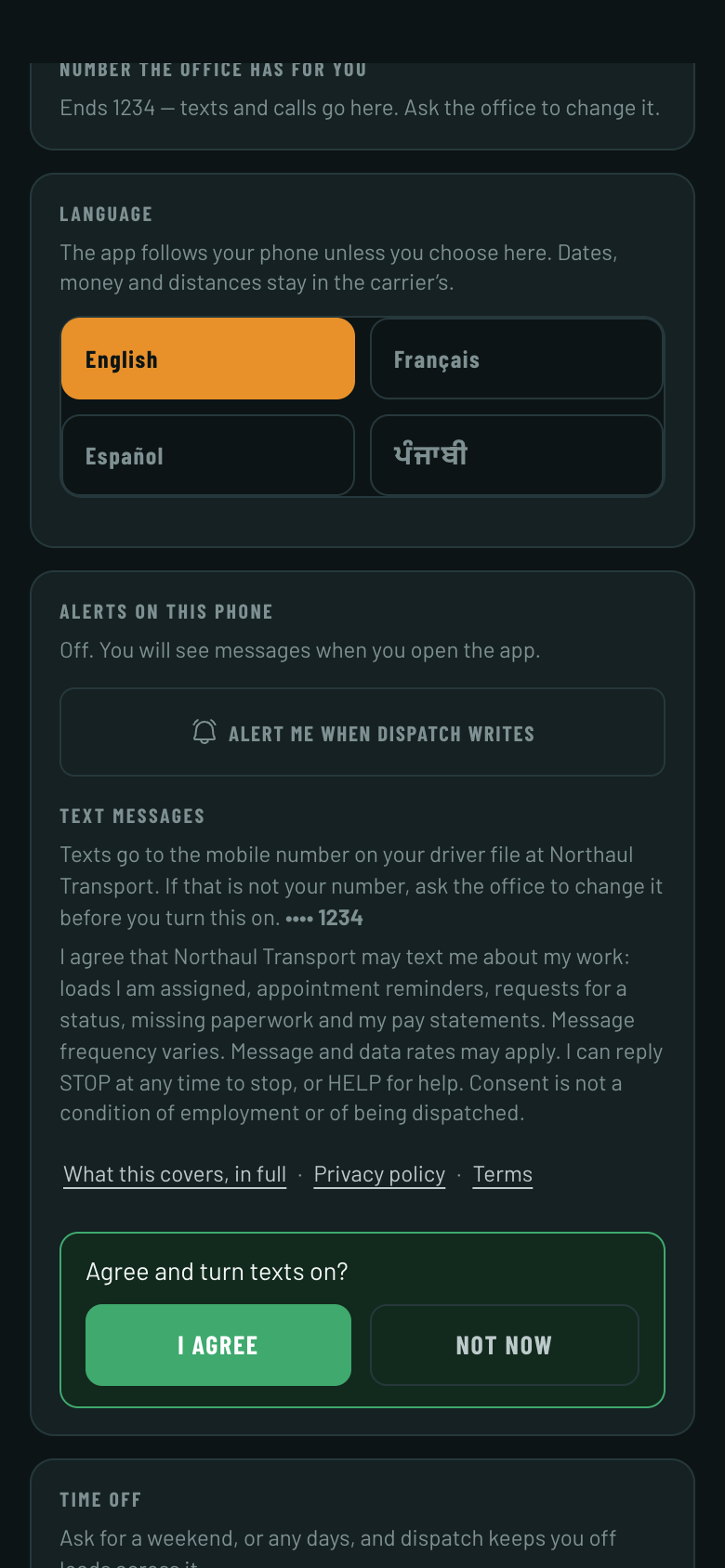 The same panel, expanded. It says texts go to the mobile number on the driver’s file at Northaul Transport and that the office must change it first if that is not their number, and names it as its last four digits. Then the consent wording in full, then three links — What this covers, in full; Privacy policy; Terms — and then a green box asking Agree and turn texts on? with two buttons, I agree and Not now.